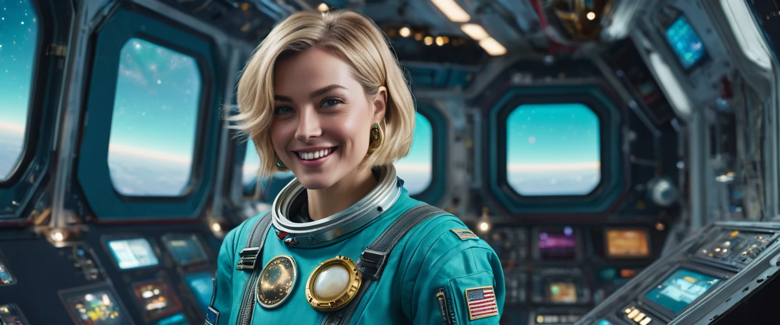 (masterpiece:1.4),(best quality,photorealistic), A beautiful Blonde woman with short Choppy Bob hair style, 28 years old, she is wearing a full length blue Teal space suit, she has perfect hands and face, ((she is standing in the crew recreational area of a giant space ship)), there is a bar and some gamming machines, and exclusive, Luxury, you can see a moon out of the window, space nebulas, planets, control panel, she wears a gold badge, she has a happy smile,