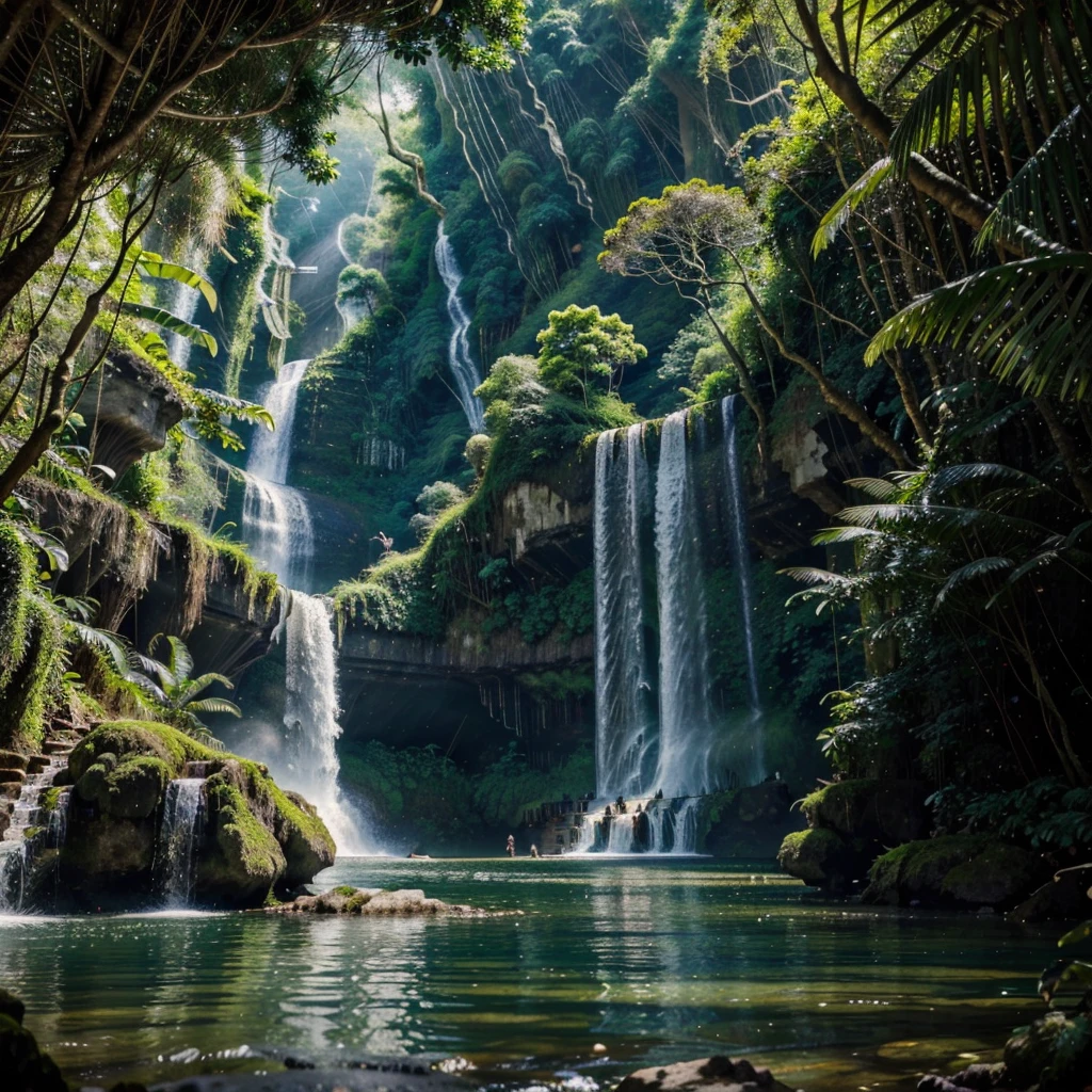 a group of birds flying over a waterfall in a jungle, beautiful jungle, fantasy jungle, nature wallpaper, jungle nature, forest and waterfall, beautiful art uhd 4 k, beautiful jungle landscape, mysterious jungle painting, magical forest backround, beautiful nature, hd wallpaper, the background is lush jungle, really beautiful nature, amazing wallpaper, with trees and waterfalls