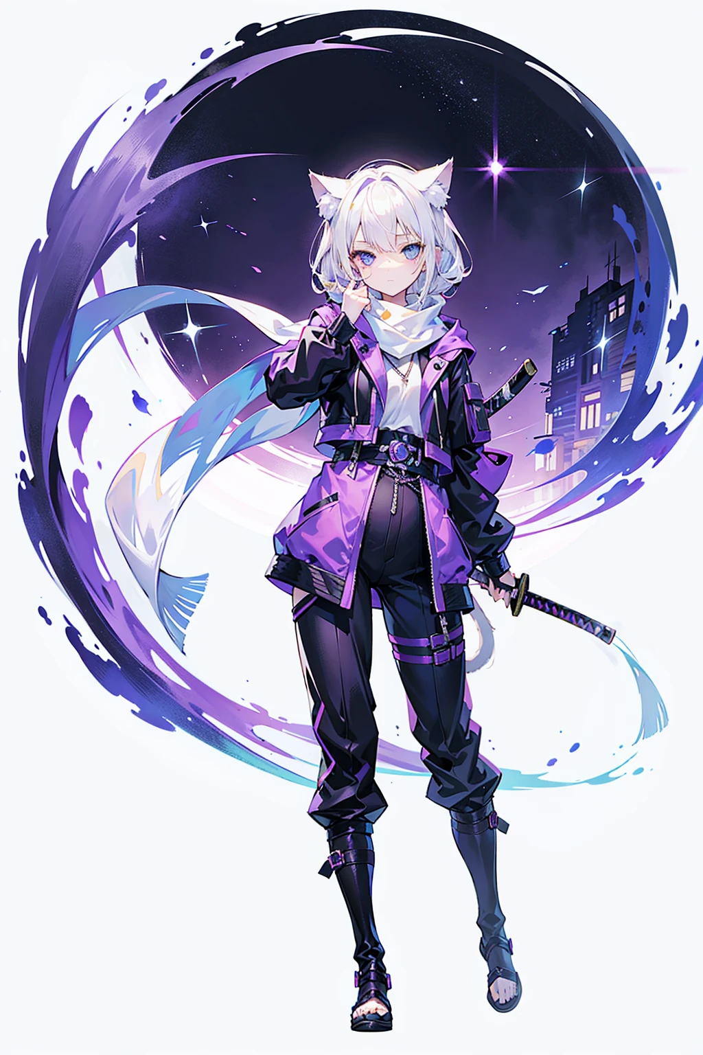 1 Girl,solo,( image),(((white hair))),(The flattest),Delicate face and beautiful eyes,Fine hair,A particularly long strand of side hair),(Cat ear hood),One eye is covered by a hood,scarf,(White background 1::5),standing painting style,((Full Body Love)),(Delicate eyes),Leg strap,Purple and Black Cyberpunk Jacket,trousers,katana sword,lightning background