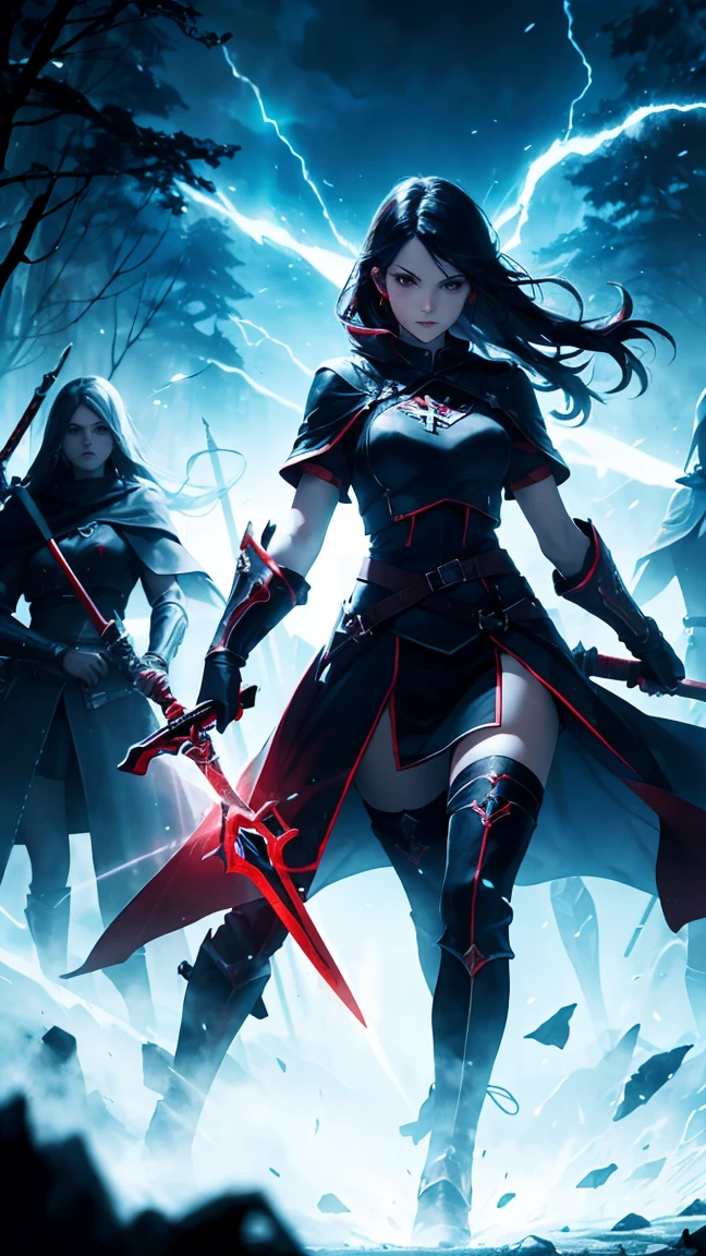 women while holding blood swords, red blood swords, blue, red aura, rapper sword, nazi logo swords.HD lighting and dark )<=(epic image quality)dark atmosphere with bright particle light(many effects in background)