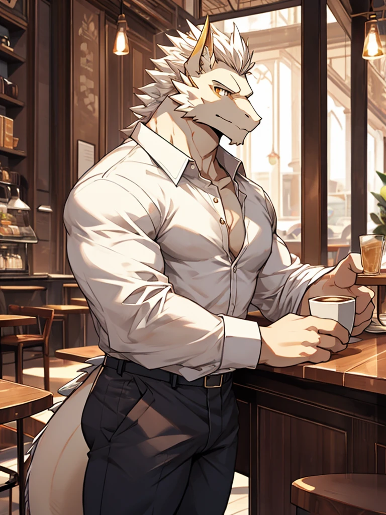 Masterpiece, Solo, Male, white Dragon, golden Eyes, white Medium Hair, Medium Muscular Body, Handsome, Good Looking, Casual Shirt, Casual Pants, Cool Pose. Cafe Background