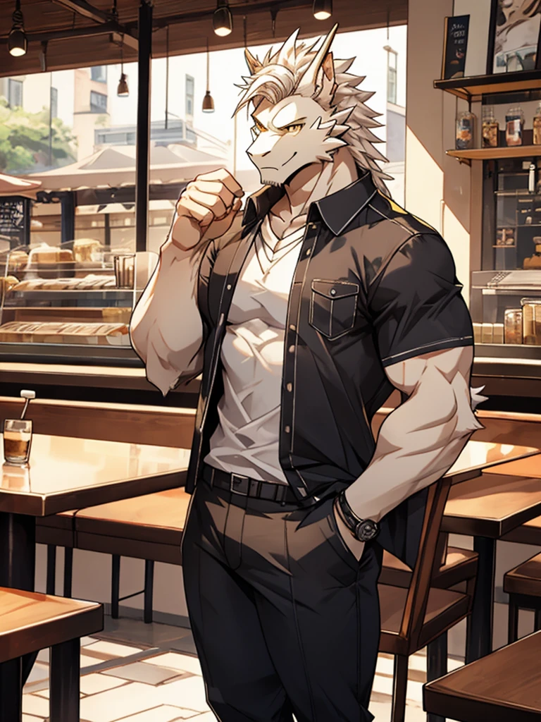 Masterpiece, Solo, Male, white Dragon, golden Eyes, white Medium Hair, Medium Muscular Body, Handsome, Good Looking, Casual Shirt, Casual Pants, Cool Pose. Cafe Background