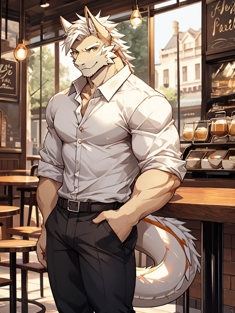 Masterpiece, Solo, Male, white Dragon, golden Eyes, white Medium Hair, Medium Muscular Body, Handsome, Good Looking, Casual Shirt, Casual Pants, Cool Pose. Cafe Background