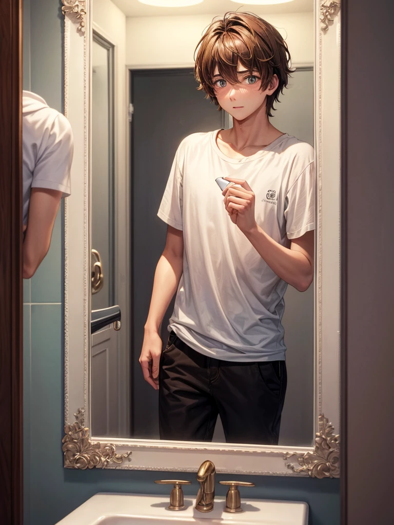 Luke, a 19-year-old with hazel eyes and messy brown hair, he looked in the bathroom mirror, his reflection watched him with a mixture of indecisive, hope and distrust
