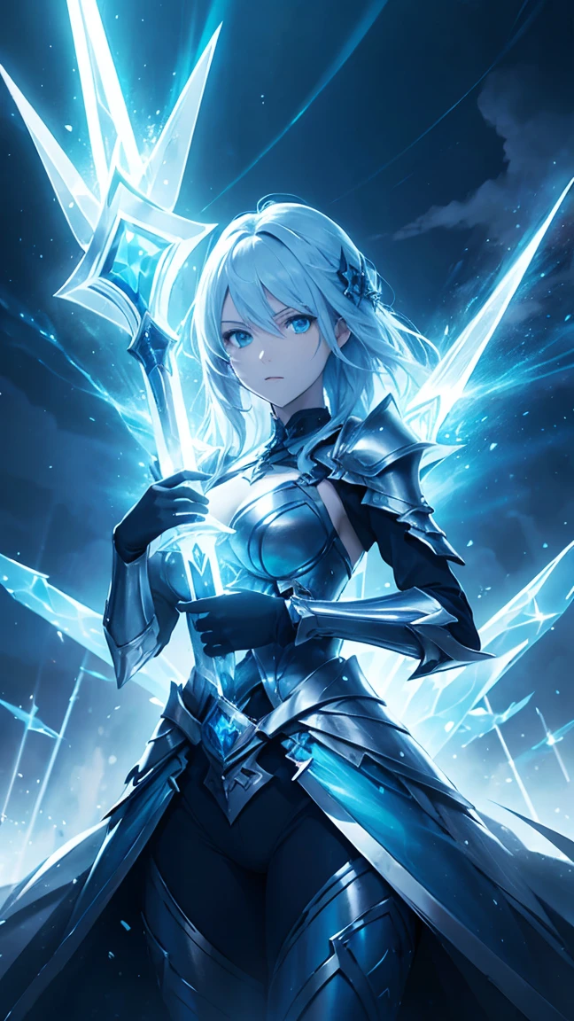 Two twin women while holding blue swords, ice swords, blue, blue aura, two women, twins, twin ice swords.HD lighting and dark )<=(epic image quality)dark atmosphere with bright particle light(many effects in background)