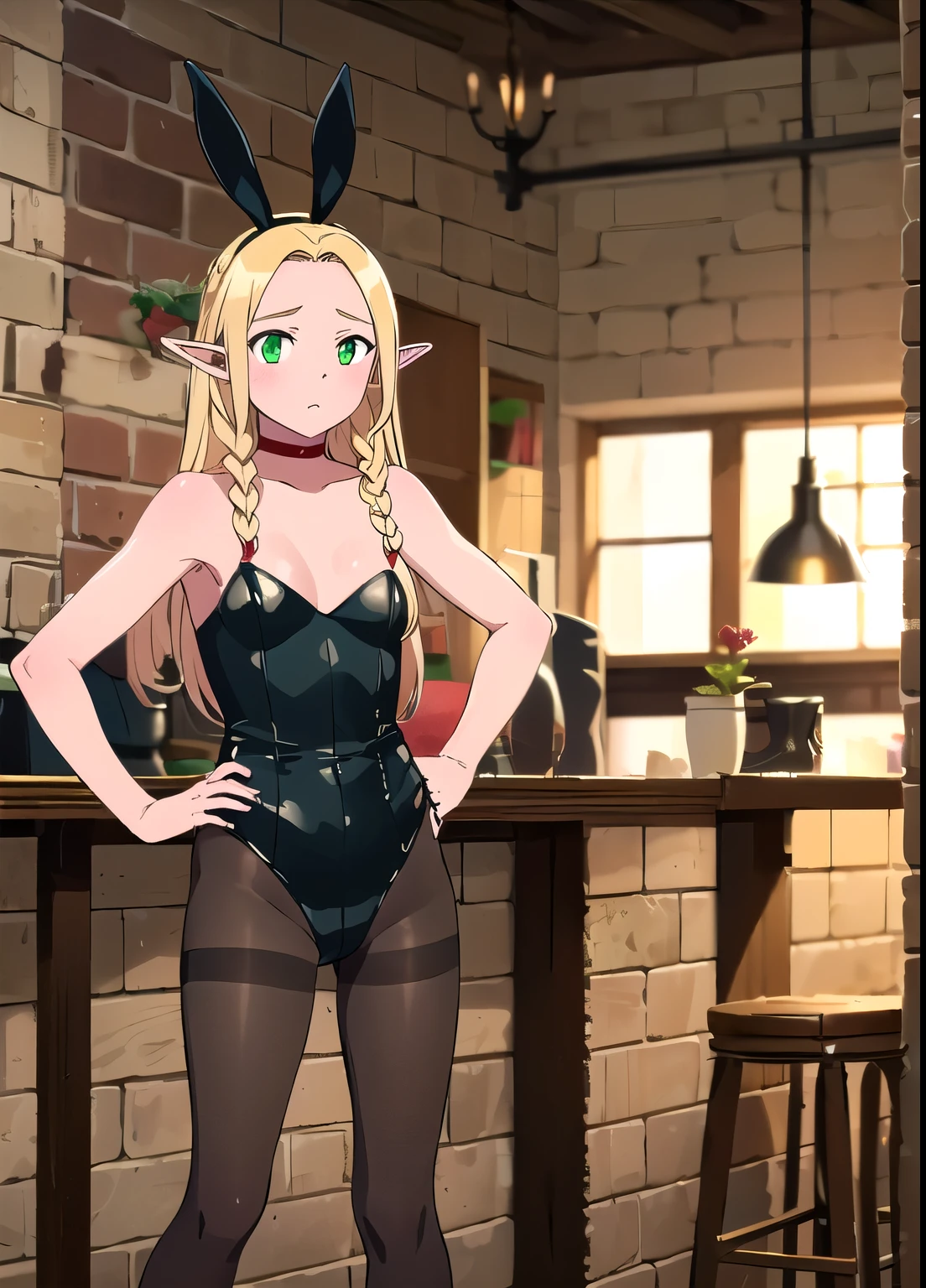 ((best quality)), ((highly detailed)), masterpiece, , (1girl), (Marcille_Donato_DungeonMeshi), blonde hair, long hair, twin braids, elf, pointy ears, green eyes, red choker, standing, hand on hip, (black  playboy bunny), (black fake rabbit ears), (black pantyhose), (black  high-heels), cafe