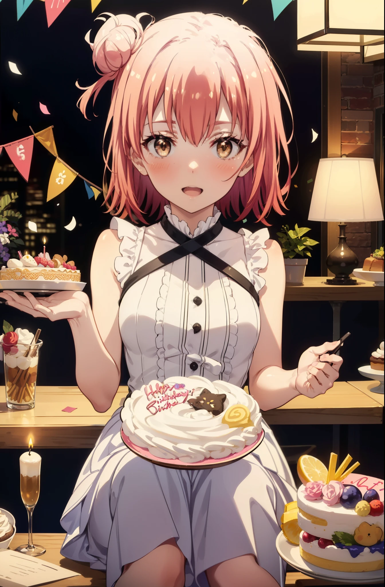 yuiyuigahama, yui yuigahama, One Girl,short hair, (Brown eyes:1.5), (Pink Hair:1.2), Hair Bun, single Hair Bun, smile,blush,Open your mouth wide,Pink sleeveless dress,Long skirt,Stiletto heels,A birthday cake with lit candles,
,There is a round birthday cake on the desk.,Confetti,cracker,whole bodyがイラストに入るように,
break indoors, Party Venue,
break looking at viewer, whole body,
break (masterpiece:1.2), Highest quality, High resolution, unity 8k wallpaper, (figure:0.8), (Beautiful attention to detail:1.6), Highly detailed face, Perfect lighting, Highly detailed CG, (Perfect hands, Perfect Anatomy),