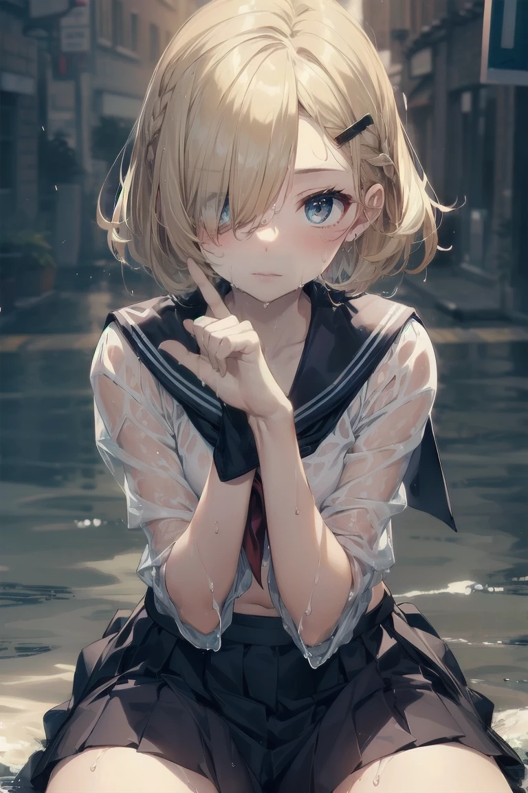 Heavy rain,(stormy atmosphere:1.5),outdoors,highest quality, anime moe art style,Best Anime 8K Kona-chan Wallpaper,Pixiv contest winners,perfect anatomy, (Please draw a girl walking sleepily to school),break, 1 girl, (13 years old:1.4),high school student, (short hair), amount, (hair above one eye:1.9),All limbs, full finger,medium breasts, between legs, small eyes,Precise blue eyes,hair clip, (sailor suit:1.5),(school uniform:1.5) ,(wet clothes:1.5),(skirt),On the way to school,break,Super detailed,High resolution,super dense skin,professional lighting,8K eye details,(cute illustration:1.2),blonde hair,(wet hair:1.4),(bra visible through clothes:1.3),No expression,(hair above one eye:1.2),(Bawl),(Embarrassed),(steepled fingers),(squatting),(looking away), (half open mouth),(white pants)