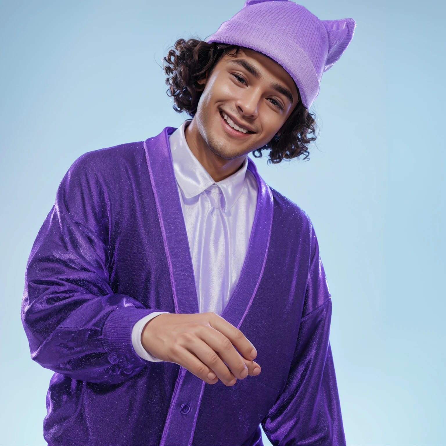 The image shows a young man with curly hair and a big smile, wearing a purple sweater and a purple hat, smooth 3d model, glossy plastic texture, multiple light sources, rim light, sharp post effects render, most beautiful vfx, , realistic, 4k, high resolution, rim light, smooth 3d model. , glossy texture, smooth 3d model, multiple light sources, rim light, sharp post effects render, (glossy plastic texture with multiple big light probe refractions), perfect cgi, reflective, best quality, 4k, masterpiece:1.2, ultra-detailed, realistic, vivid colors, The image of the highest quality, ensuring every detail showcased perfectly. It in 4k resolution, allowing viewers to immerse themselves in the richness of the colors and intricate details. The realistic rendering. under the spotlight, reflecting, high-resolution image, realistic rendering