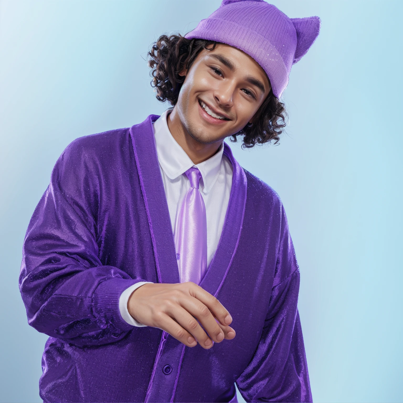 The image shows a young man with curly hair and a big smile, wearing a purple sweater and a purple hat, smooth 3d model, glossy plastic texture, multiple light sources, rim light, sharp post effects render, most beautiful vfx, , realistic, 4k, high resolution, rim light, smooth 3d model. , glossy texture, smooth 3d model, multiple light sources, rim light, sharp post effects render, (glossy plastic texture with multiple big light probe refractions), perfect cgi, reflective, best quality, 4k, masterpiece:1.2, ultra-detailed, realistic, vivid colors, The image of the highest quality, ensuring every detail showcased perfectly. It in 4k resolution, allowing viewers to immerse themselves in the richness of the colors and intricate details. The realistic rendering. under the spotlight, reflecting, high-resolution image, realistic rendering