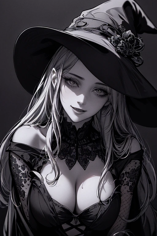 Highest quality, (Background details), High Contrast, Very beautiful woman, Detailed original illustrations、functional、witch、Pointed hat、Black Robe、Delicate face、attractive、Villainess、sexy、Real breasts、Crazy Smile, Crazy Eyes,  Head close-up, Black background, (Black background: 1.5), Beautiful line art、Monochrome