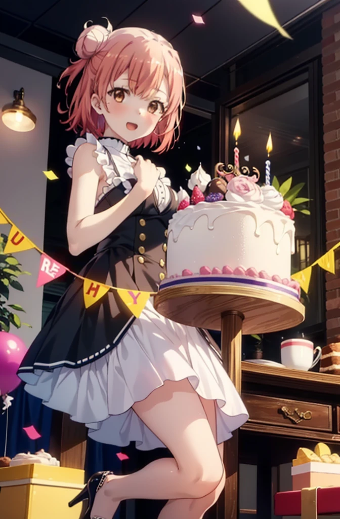 yuiyuigahama, yui yuigahama, One Girl,short hair, (Brown eyes:1.5), (Pink Hair:1.2), Hair Bun, single Hair Bun, smile,blush,Open your mouth wide,Pink sleeveless dress,Long skirt,Stiletto heels,A birthday cake with lit candles,
,There is a round birthday cake on the desk.,Confetti,cracker,whole bodyがイラストに入るように,
break indoors, Party Venue,
break looking at viewer, whole body,
break (masterpiece:1.2), Highest quality, High resolution, unity 8k wallpaper, (figure:0.8), (Beautiful attention to detail:1.6), Highly detailed face, Perfect lighting, Highly detailed CG, (Perfect hands, Perfect Anatomy),