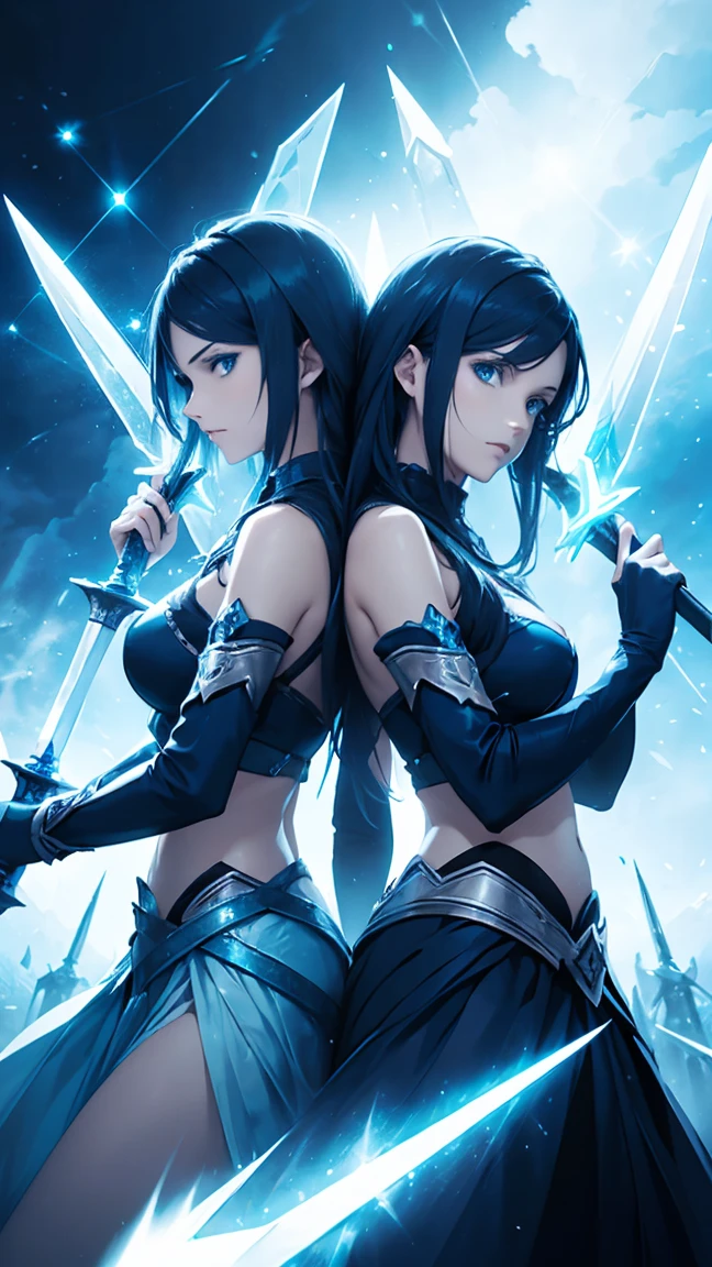Two twin women while holding blue swords, ice swords, blue, blue aura, two women, twins, twin ice swords.HD lighting and dark )<=(epic image quality)dark atmosphere with bright particle light(many effects in background)
