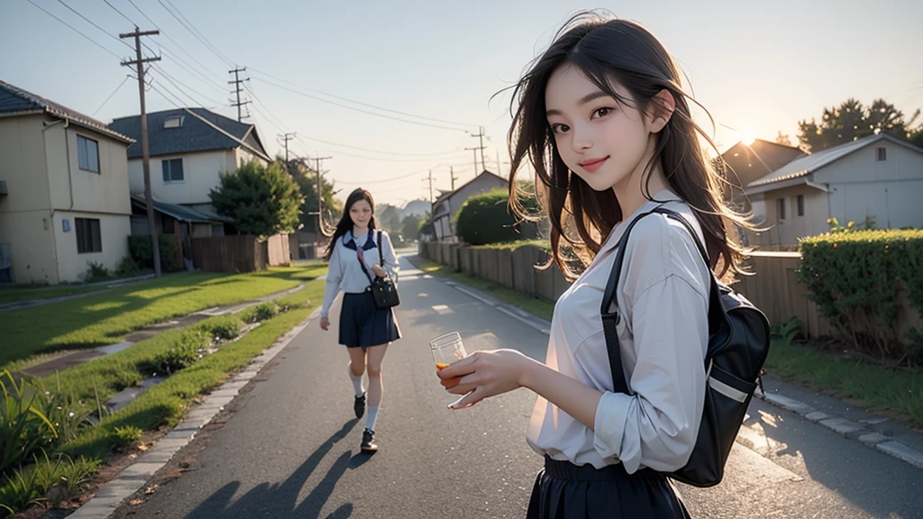 8K、RAW Photos、Highest quality、Super detailed、Super Resolution、Ultra HD、8K壁紙、Amazing details summer、evening、sunset、A rural road lined with rice fields、Paved roads、Woman walking on a country road、16 year old school girl in uniform、Drink water、School bag、Blue sky、Shining Sun、Water bottle、smile