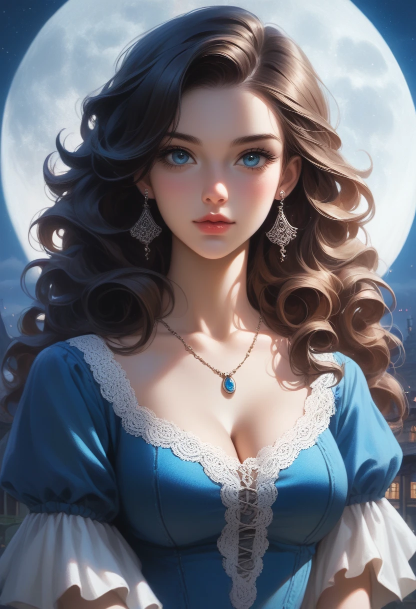 score_9, score_8_up, score_7_up, score_6_up, rating:safe, 1girl, solo, black_hair, wavy_hair, jewelry, dress, blue_eyes, earrings, long_hair, looking_at_viewer, curly_hair, upper_body, lips, lace, blue_dress, (night:1.3), cxqz8r, medieval_dress, medieval_landscape, fullmoon, rpg, hair_over_breasts, hair_censor