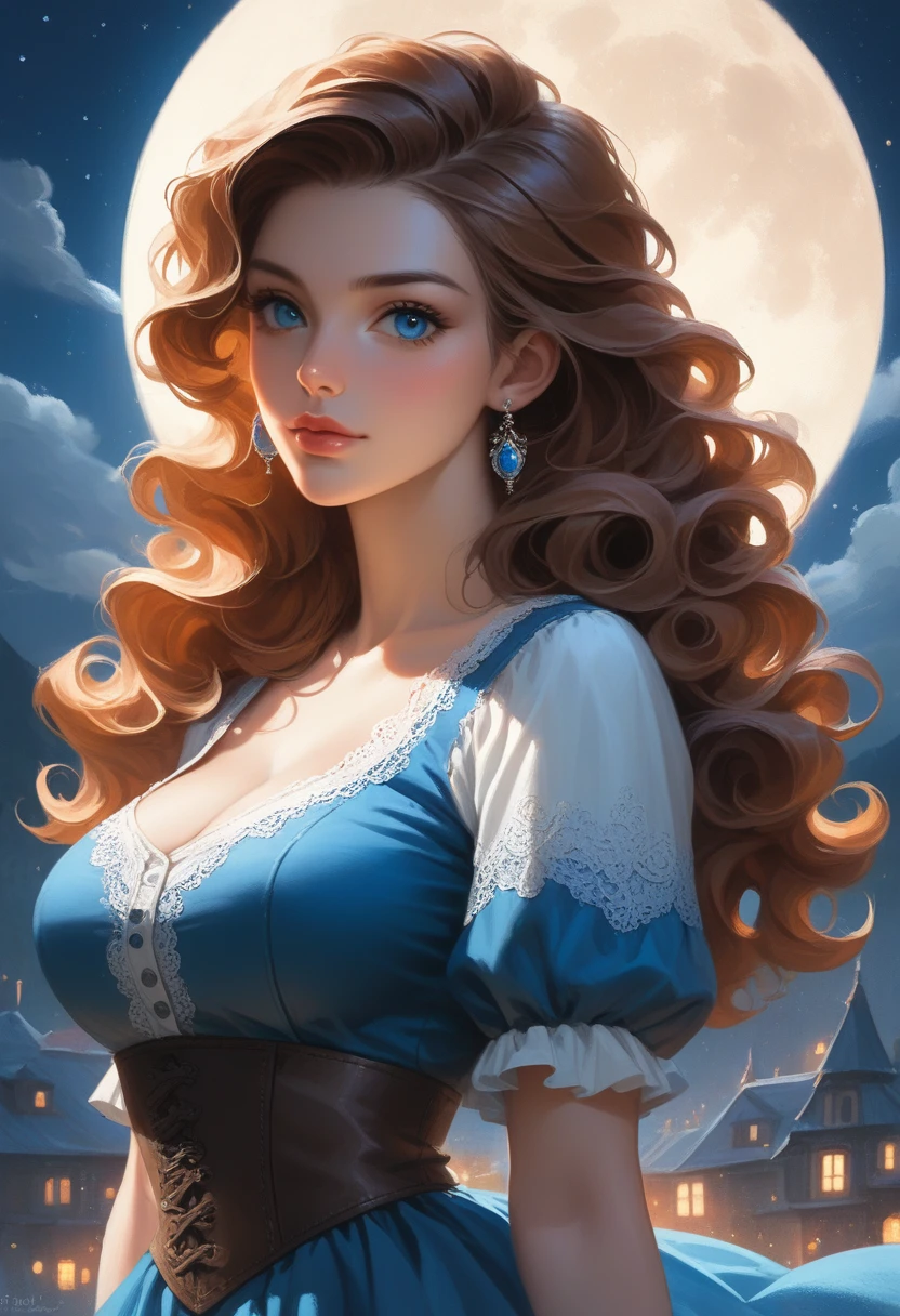 score_9, score_8_up, score_7_up, score_6_up, rating:safe, 1girl, solo, black_hair, wavy_hair, jewelry, dress, blue_eyes, earrings, long_hair, looking_at_viewer, curly_hair, upper_body, lips, lace, blue_dress, (night:1.3), cxqz8r, medieval_dress, medieval_landscape, fullmoon, rpg, hair_over_breasts, hair_censor