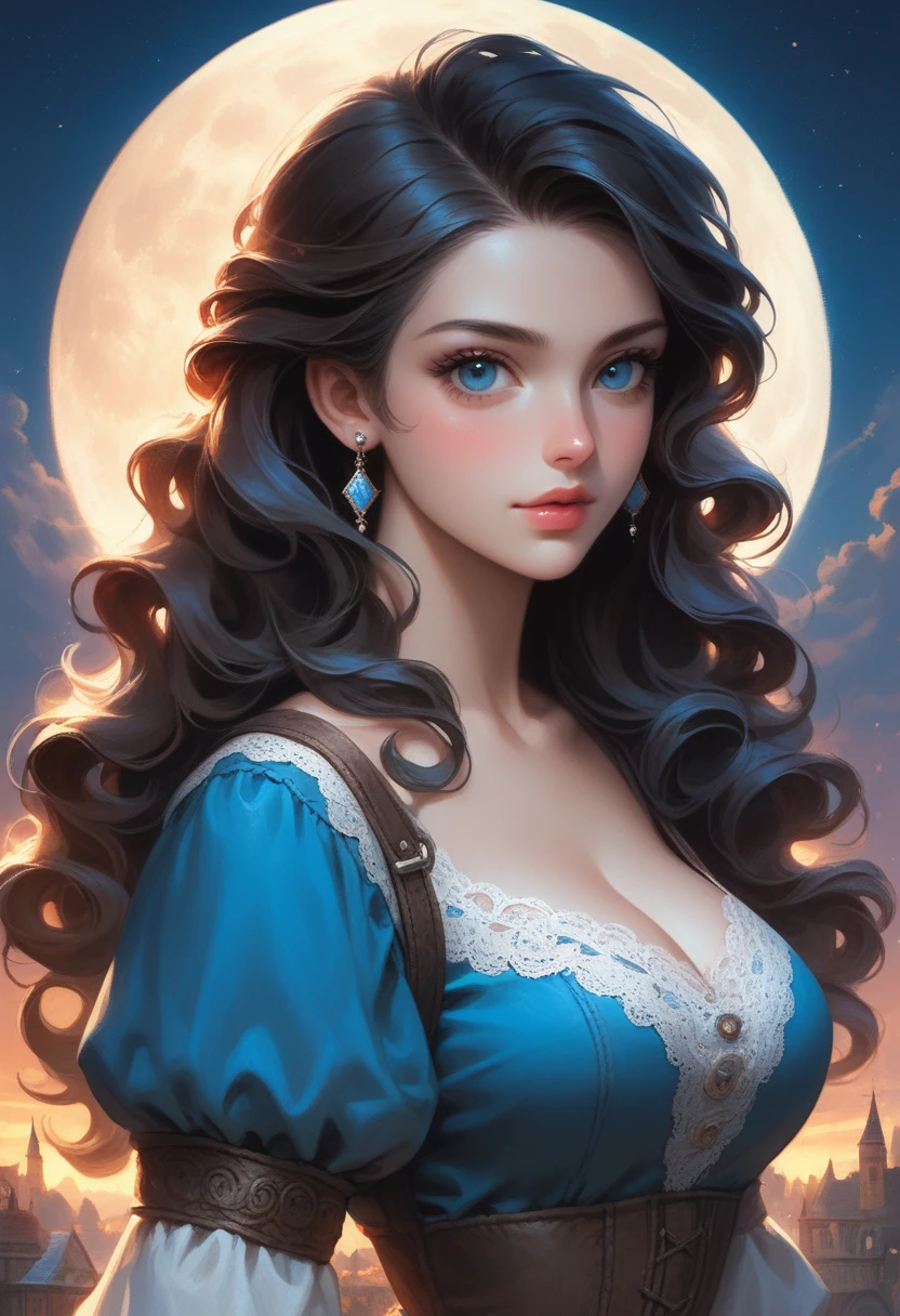 score_9, score_8_up, score_7_up, score_6_up, rating:safe, 1girl, solo, black_hair, wavy_hair, jewelry, dress, blue_eyes, earrings, long_hair, looking_at_viewer, curly_hair, upper_body, lips, lace, blue_dress, (night:1.3), cxqz8r, medieval_dress, medieval_landscape, fullmoon, rpg, hair_over_breasts, hair_censor