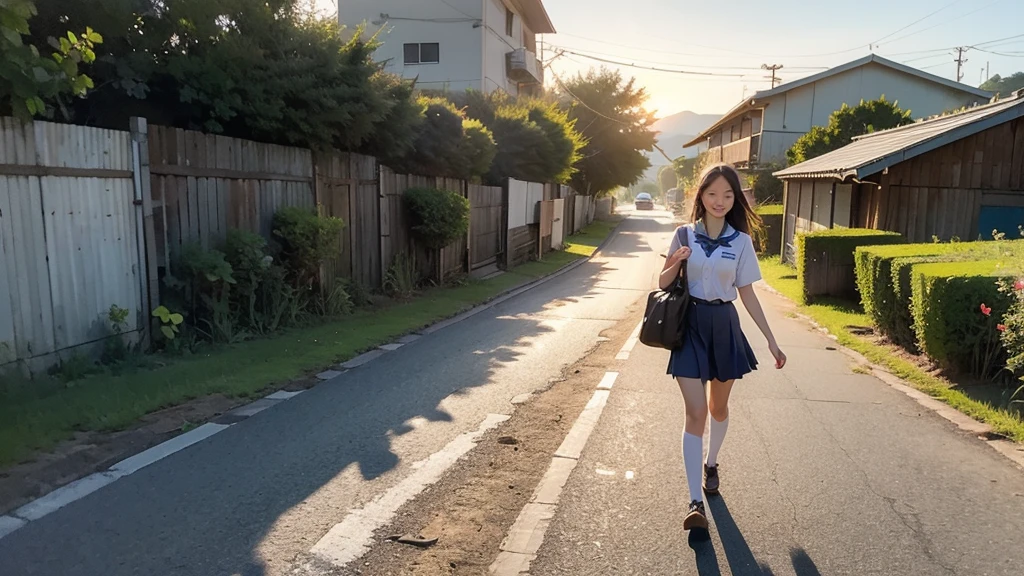 8K、RAW Photos、Highest quality、Super detailed、Super Resolution、Ultra HD、8K壁紙、Amazing details summer、evening、sunset、A rural road lined with rice fields、Paved roads、Woman walking on a country road、 old school girl in uniform、Drink water、School bag、Blue sky、Shining Sun、Water bottle、smile
