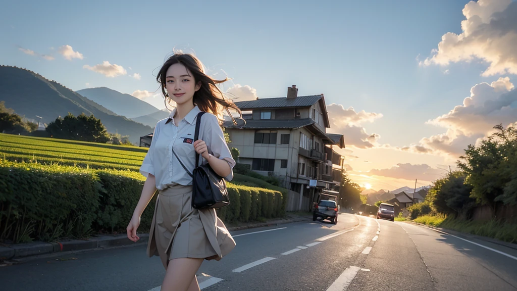 8K、RAW Photos、Highest quality、Super detailed、Super Resolution、Ultra HD、8K壁紙、Amazing details summer、evening、sunset、A rural road lined with rice fields、Paved roads、Woman walking on a country road、16 year old school girl in uniform、Drink water、School bag、Blue sky、Shining Sun、Water bottle、smile