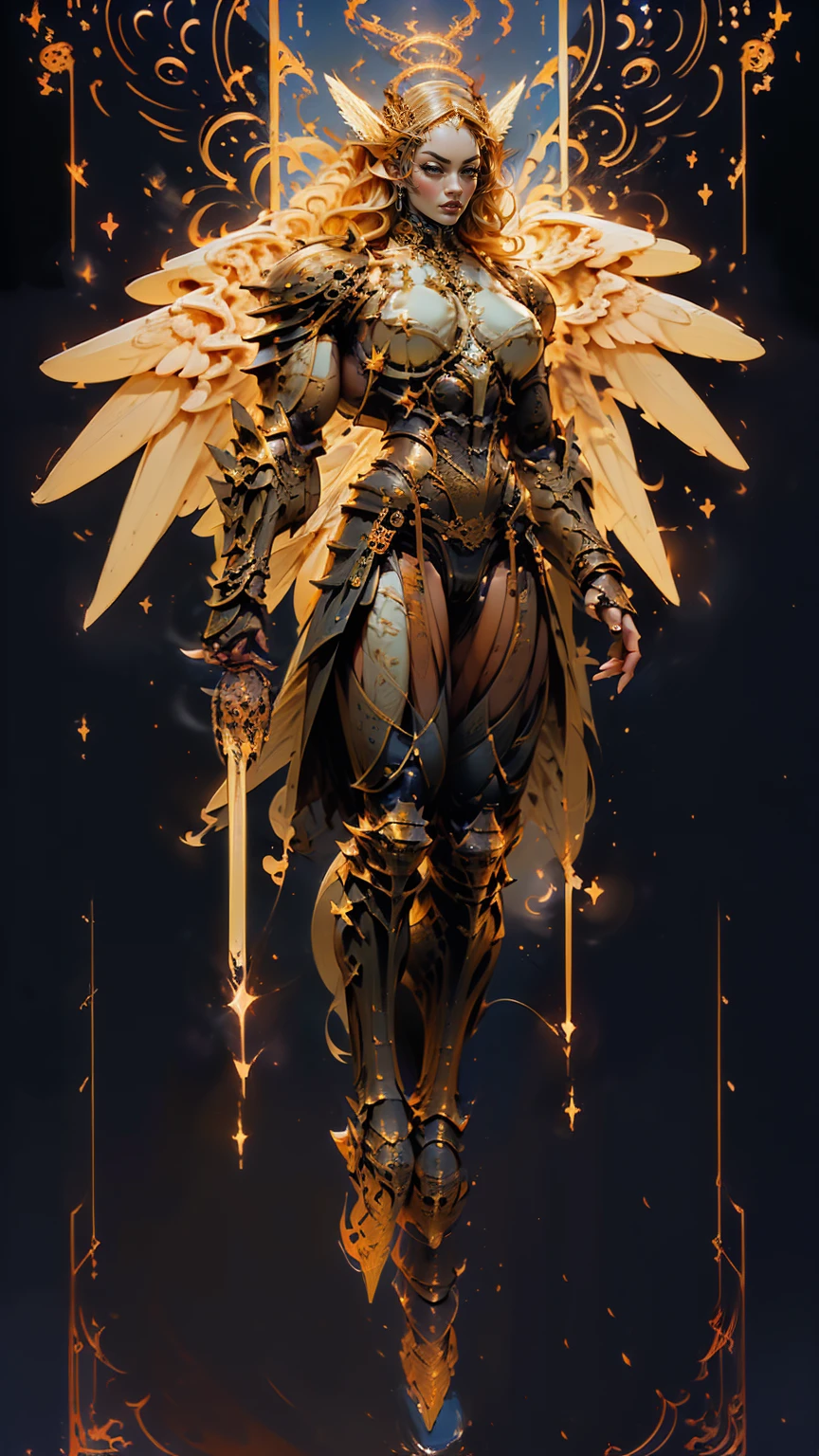 (cara delevingne), ((((((1 muscular angel girl)))))), (((huge upper body))), long hair, ((((huge angelic wings))), (((intricate ornate angelic full body armor))), ((((full body front view)))), (((perfect hands, perfect fingers))), (((tarot style background)))