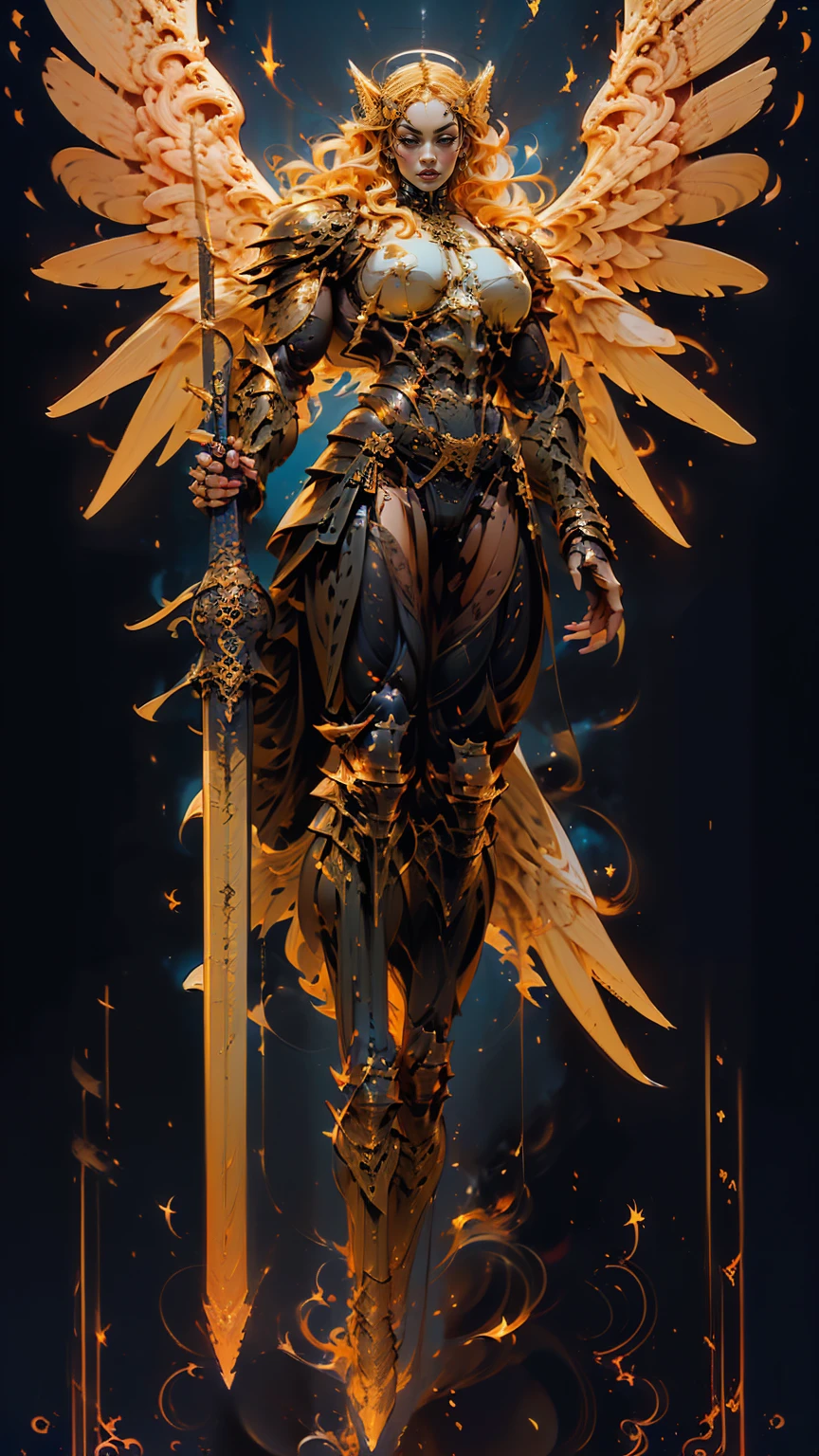 (cara delevingne), ((((((1 muscular angel girl)))))), (((huge upper body))), long hair, ((((huge angelic wings))), (((intricate ornate angelic full body armor))), ((((full body front view)))), (((perfect hands, perfect fingers))), (((tarot style background)))