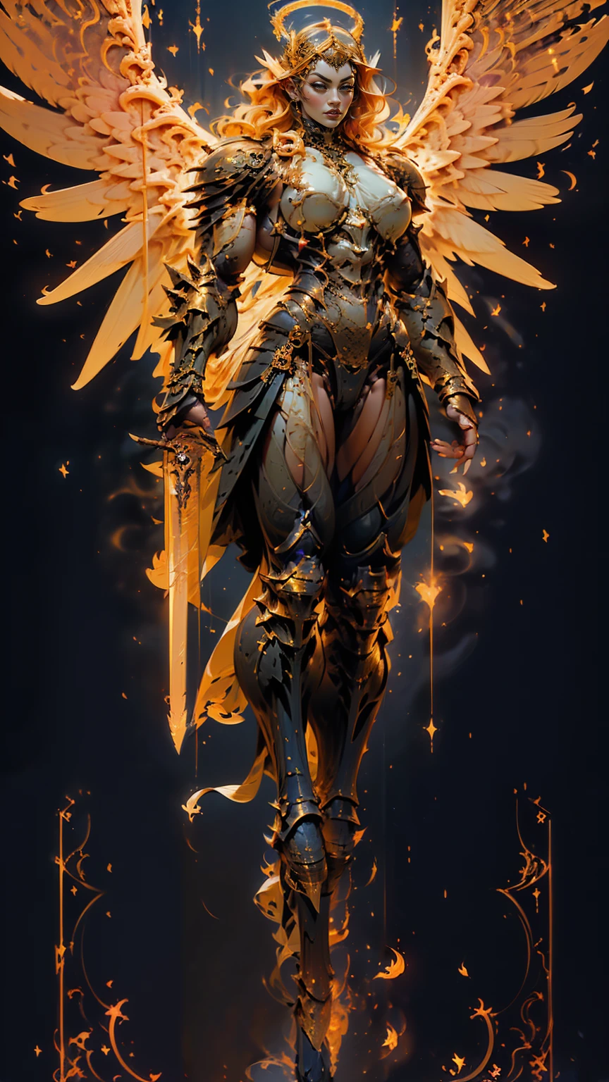 (cara delevingne), ((((((1 muscular angel girl)))))), (((huge upper body))), long hair, ((((huge angelic wings))), (((intricate ornate angelic full body armor))), ((((full body front view)))), (((perfect hands, perfect fingers))), (((tarot style background)))