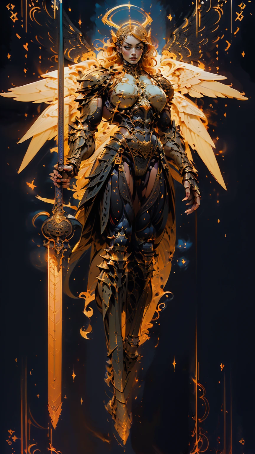 (cara delevingne), ((((((1 muscular angel girl)))))), (((huge upper body))), long hair, ((((huge angelic wings))), (((intricate ornate angelic full body armor))), ((((full body front view)))), (((perfect hands, perfect fingers))), (((tarot style background)))