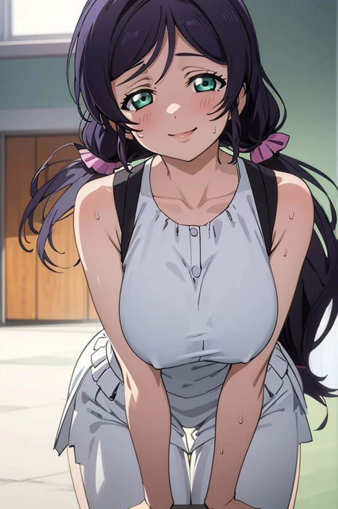 (masterpiece, best quality), 1girl,    nozomi toujou,huge breasts,sexy ,,sweating,sleeveless,looking viewer,smile,,lean forward,,