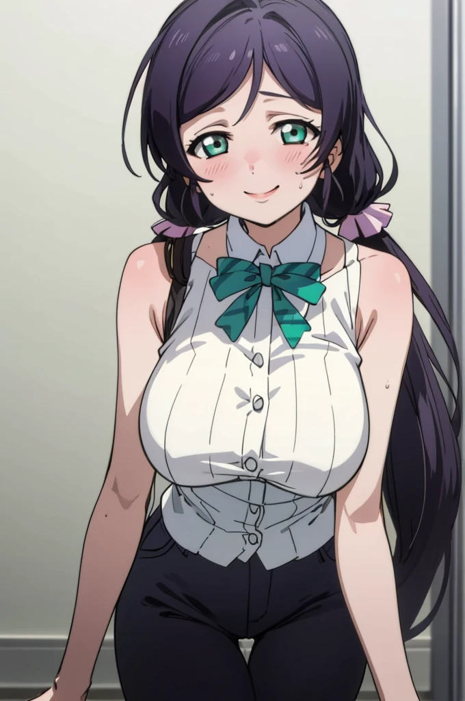 (masterpiece, best quality), 1girl,    nozomi toujou,huge breasts,sexy ,,sweating,sleeveless,looking viewer,smile,,lean forward,,