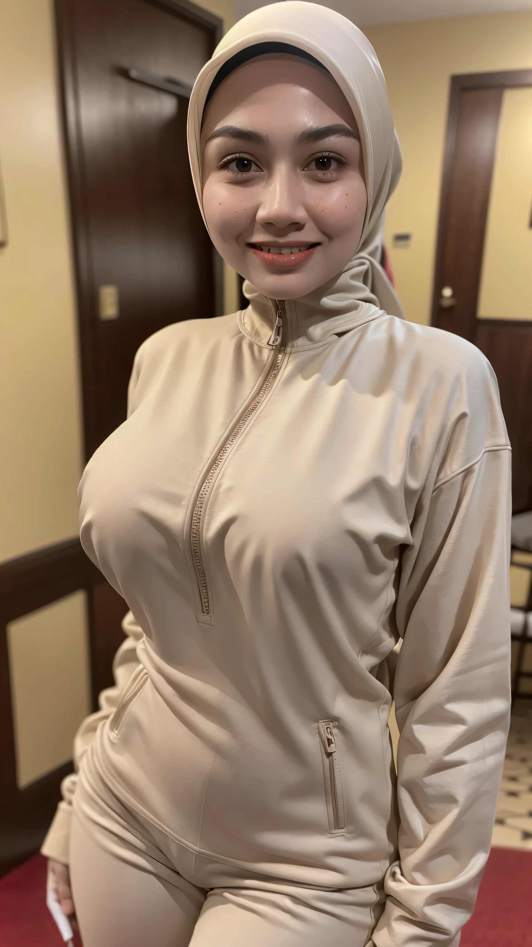 (best masterpiece), ultra-high quality, highly detailed, Ultra-HD Images, soft lighting, Ultra-Fine Picture, DSLR, ini, ultra sharp, ((Ultra-HD Picture:1.4)), 8K IMAGES, ((realistic detailed human:1.2)), Eda Ezrin Malaysia, hijab, adult girl, 26 years old, huge breast, chest forward, sweet smile, full body view, wearing sports outfit