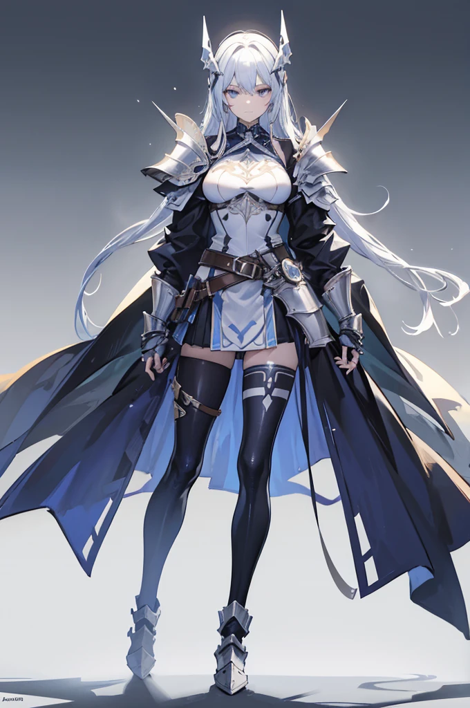 Helmet and Face**: He wears a full-face helmet which completely conceals his face. The helmet has a sharp, angular design with intricate geometric patterns. The eyes seem to feel a white glow. - **Shoulder Pads and Arms**: The shoulder pads are imposing and decorated with angular patterns similar to the helmet. The bras are also protected by armor with matching designs, however leaving the bra muscles visible. - **Torso**: The torso is covered by thick armor with interlocking metal plates, providing sturdy protection while allowing some flexibility. - **Belt and Legs**: A functional belt around his waist, probably for carrying tools or weapons. The legs are protected by armor, with sharp, stylized designs running down to the sturdy boots. - **Boots**: The boots are thick and designed for heavy use, with angular patterns that echo the rest of the armor.