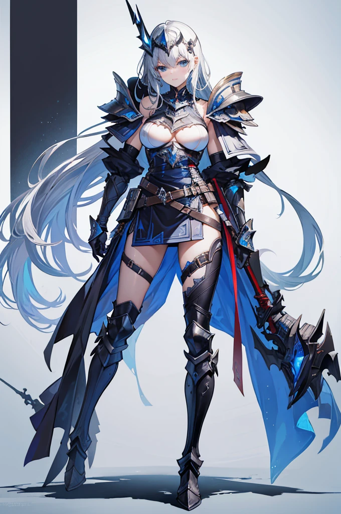 Helmet and Face**: He wears a full-face helmet which completely conceals his face. The helmet has a sharp, angular design with intricate geometric patterns. The eyes seem to feel a white glow. - **Shoulder Pads and Arms**: The shoulder pads are imposing and decorated with angular patterns similar to the helmet. The bras are also protected by armor with matching designs, however leaving the bra muscles visible. - **Torso**: The torso is covered by thick armor with interlocking metal plates, providing sturdy protection while allowing some flexibility. - **Belt and Legs**: A functional belt around his waist, probably for carrying tools or weapons. The legs are protected by armor, with sharp, stylized designs running down to the sturdy boots. - **Boots**: The boots are thick and designed for heavy use, with angular patterns that echo the rest of the armor.