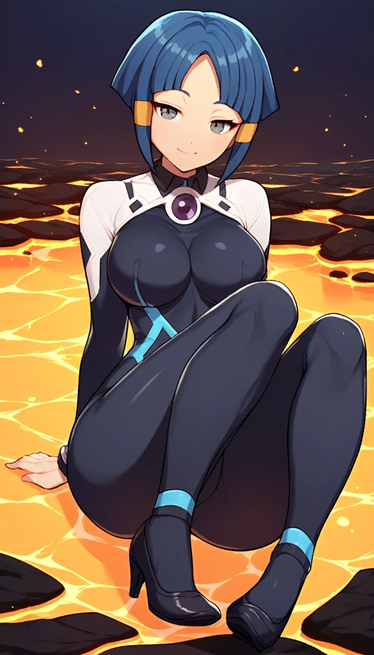 best quality,ultra detailed,solo,score_9, score_8_up, score_7_up, score_6_up, score_5_up, score_4_up, source_anime, 1girl, clara, blue hair, hair tubes, grey eyes, bodysuit,big breasts, sexy pose, (front view,portrait),full body, sitting on lava,heavenly ass, heavenly breasts, big ass, no shoes, wearing black heels, smile, cute, face, long legs, tight bodysuit, tight sleeves, black bodysuit, half-closed eyes,