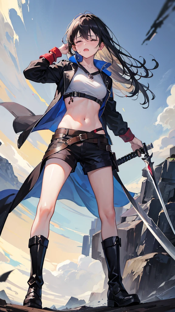 Girl, Navel exposed,  Wearing calf-length socks and boots, Holding a sword, Being attacked by enemies, He closes his eyes in pain and cries, Wearing a jacket