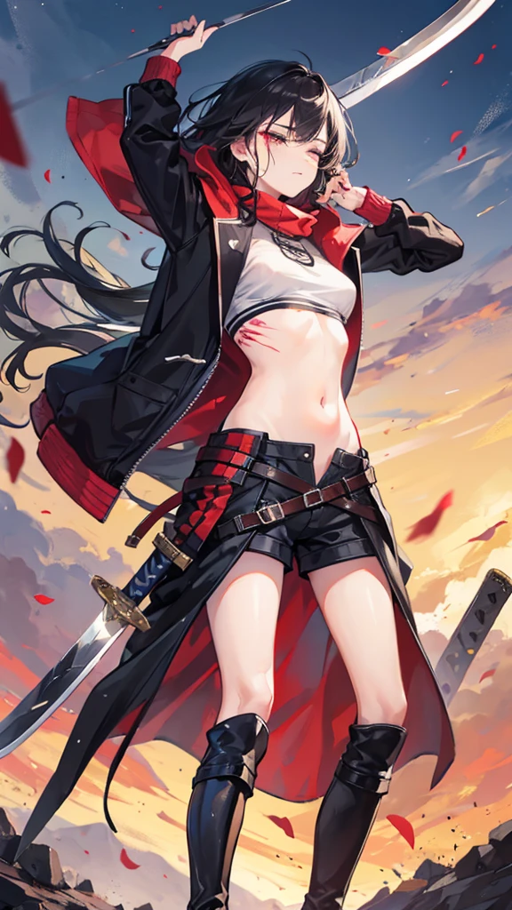 Girl, Navel exposed, Wearing calf-length socks and boots, Holding a sword, Being attacked by enemies, He closes his eyes in pain and cries, Wearing a jacket