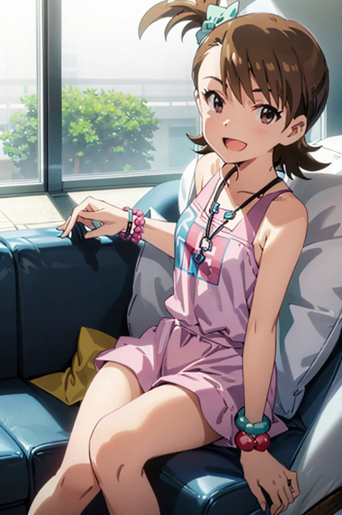 (((pixel-perfect, detail-perfect))), solo, 1girl, ami futami, tank top, bracelet, necklace, jewelry, looking at viewer, smile, :d,bare legs,sit on sofa