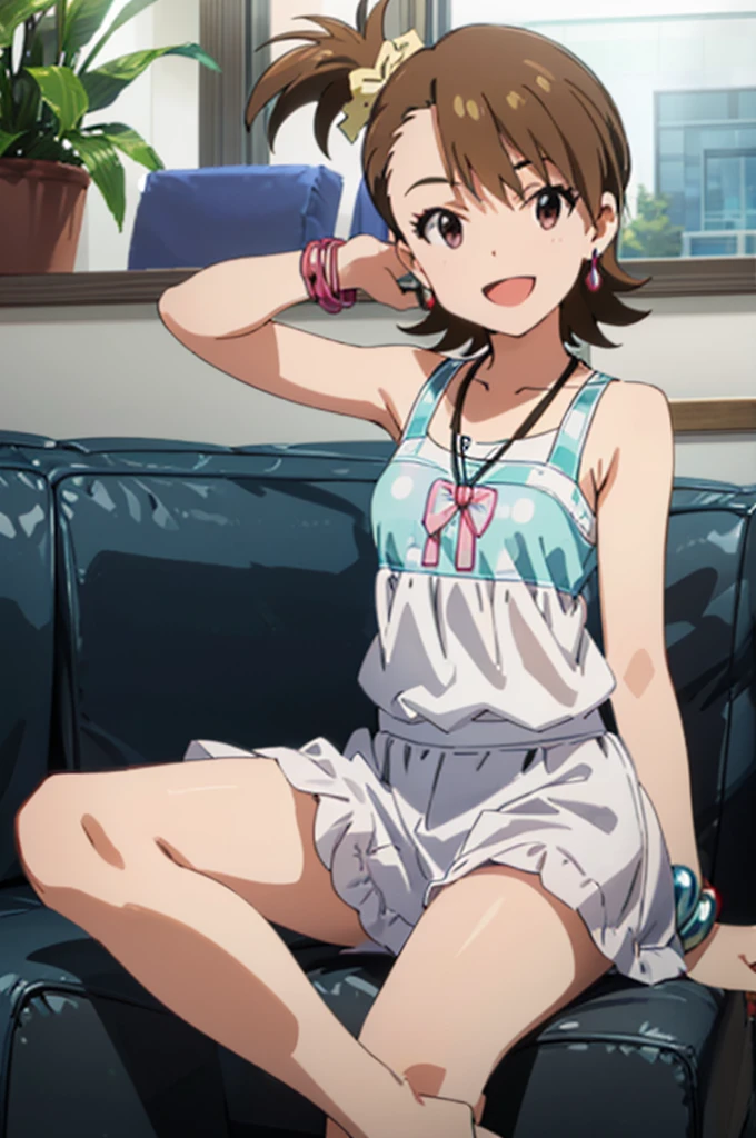 (((pixel-perfect, detail-perfect))), solo, 1girl, ami futami, tank top, bracelet, necklace, jewelry, looking at viewer, smile, :d,bare legs,sit on sofa