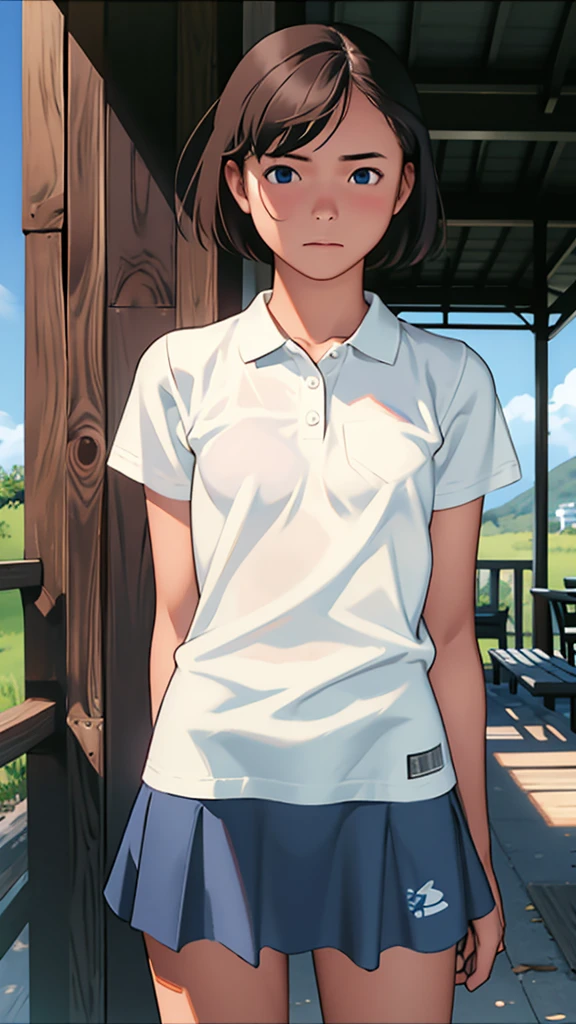 highest quality、Realistic、female、14 years old、zoom、Chestnut Hair、Blue Eyes、short hair、athlete、White polo shirt、White pleated skirt、athlete、Sunburned、Tan、Brown Skin、From below、Jump、Looking down、、Small breasts、Bust Shot、　