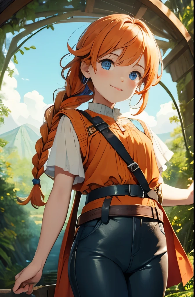 masterpiece,1 woman,Orange one-sided braid,blue eyes,Young kid,Cute face, Green tops,brown leather pants,forest,smiley face