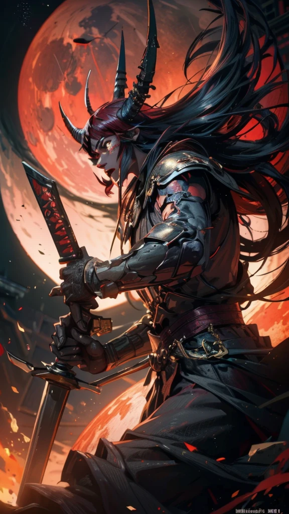 a samurai with long hair, demon slayer style, holding two katanas, red moon, tree, masterpiece, (best quality,4k,8k,highres,masterpiece:1.2),ultra-detailed,(realistic,photorealistic,photo-realistic:1.37),HDR,UHD,studio lighting,ultra-fine painting,sharp focus,physically-based rendering,extreme detail description,professional,vivid colors,bokeh