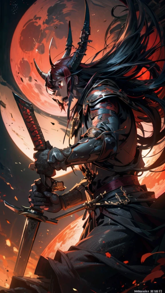 a samurai with long hair, demon slayer style, holding two katanas, red moon, tree, masterpiece, (best quality,4k,8k,highres,masterpiece:1.2),ultra-detailed,(realistic,photorealistic,photo-realistic:1.37),HDR,UHD,studio lighting,ultra-fine painting,sharp focus,physically-based rendering,extreme detail description,professional,vivid colors,bokeh