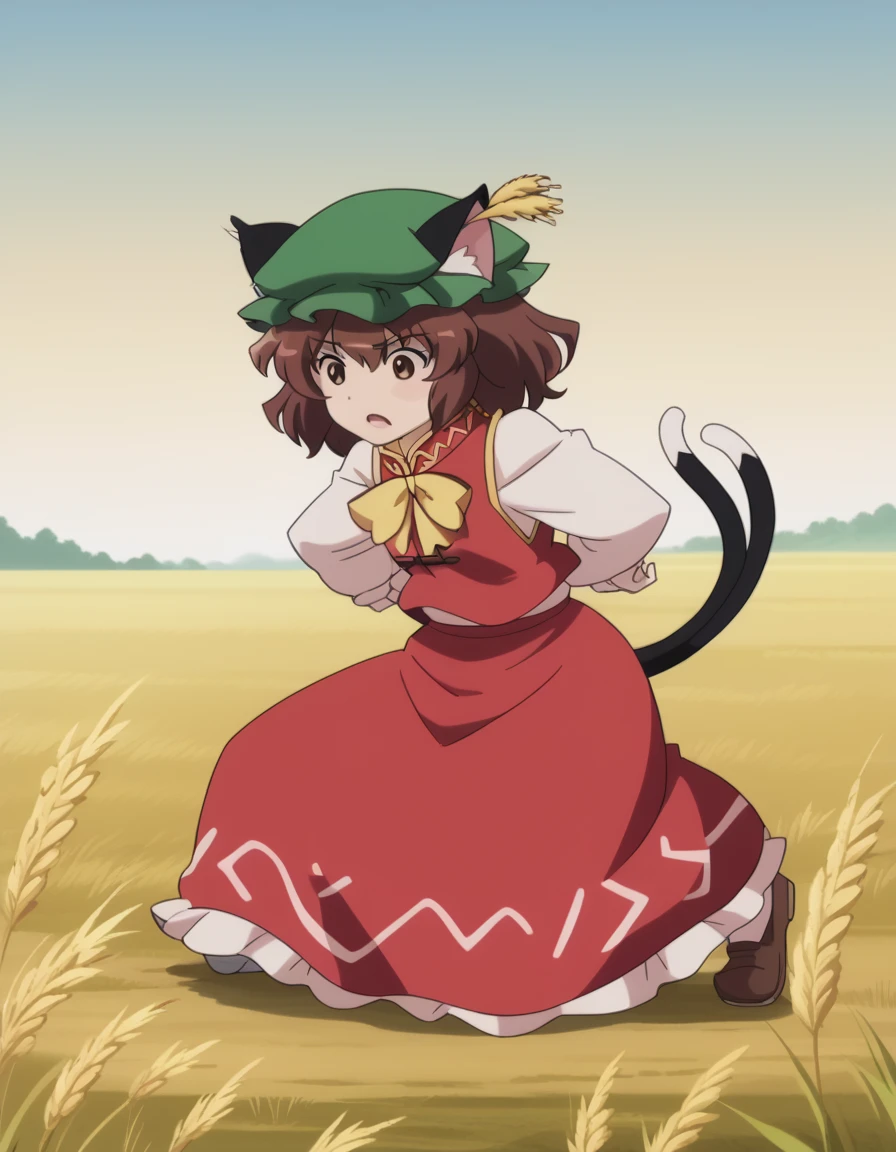 score_9,score_8_up,score_7_up,anime coloring, parody, parody style, anime screencap, 1girl, chen, brown hair, brown eyes, cat ears, green hat, mob cap, red dress, juliet sleeves, frills, flat chest, two tails, blue sky, wheat field, dusk, sunset, grass, dirt trail,