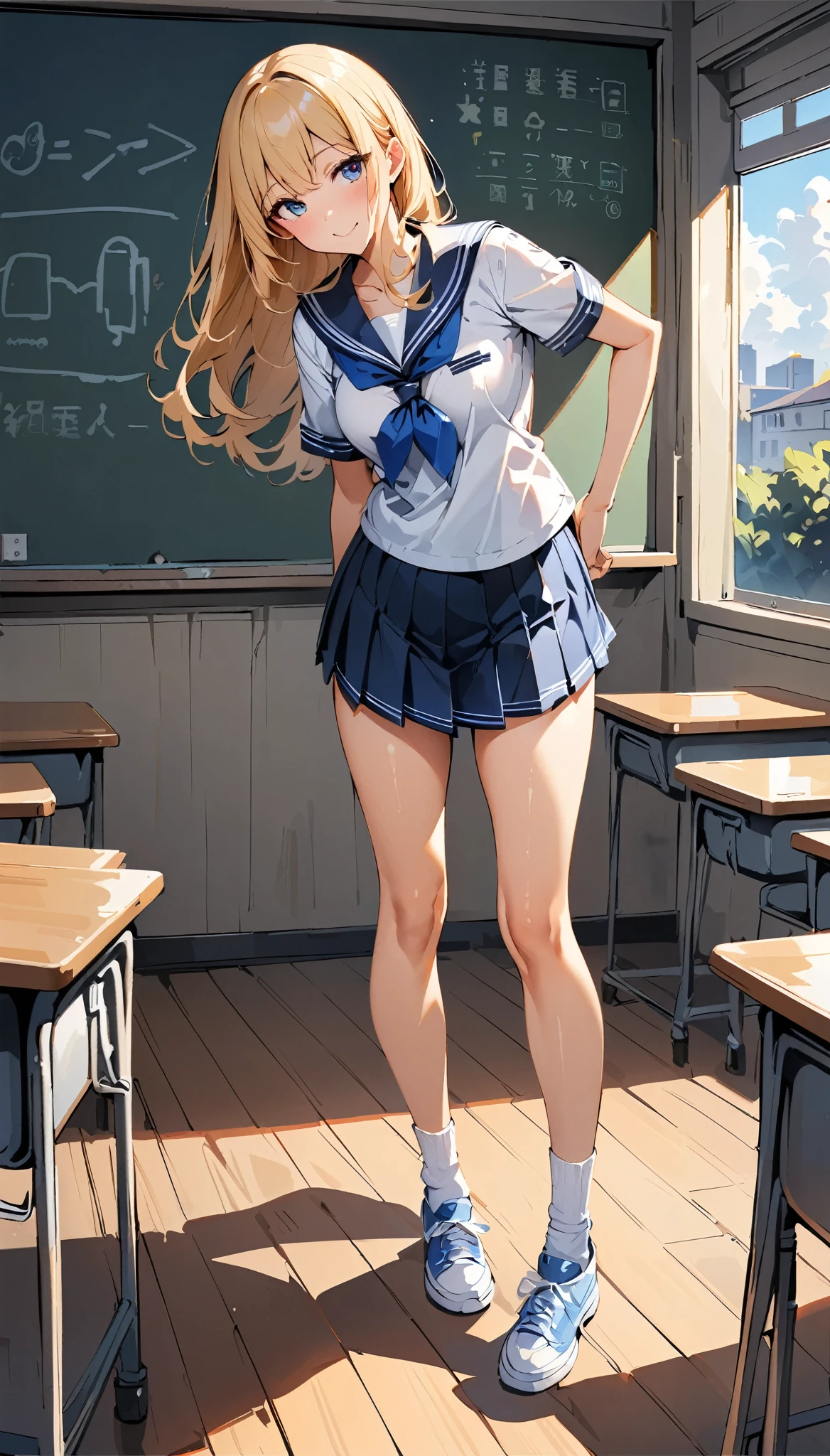 Full body view, Standing pose, , Sailor suit, Detailed face, Detailed eyes, Beautiful Hair, classroom, Blackboard Background, masterpiece:1.2, Highest quality, High Detail.
