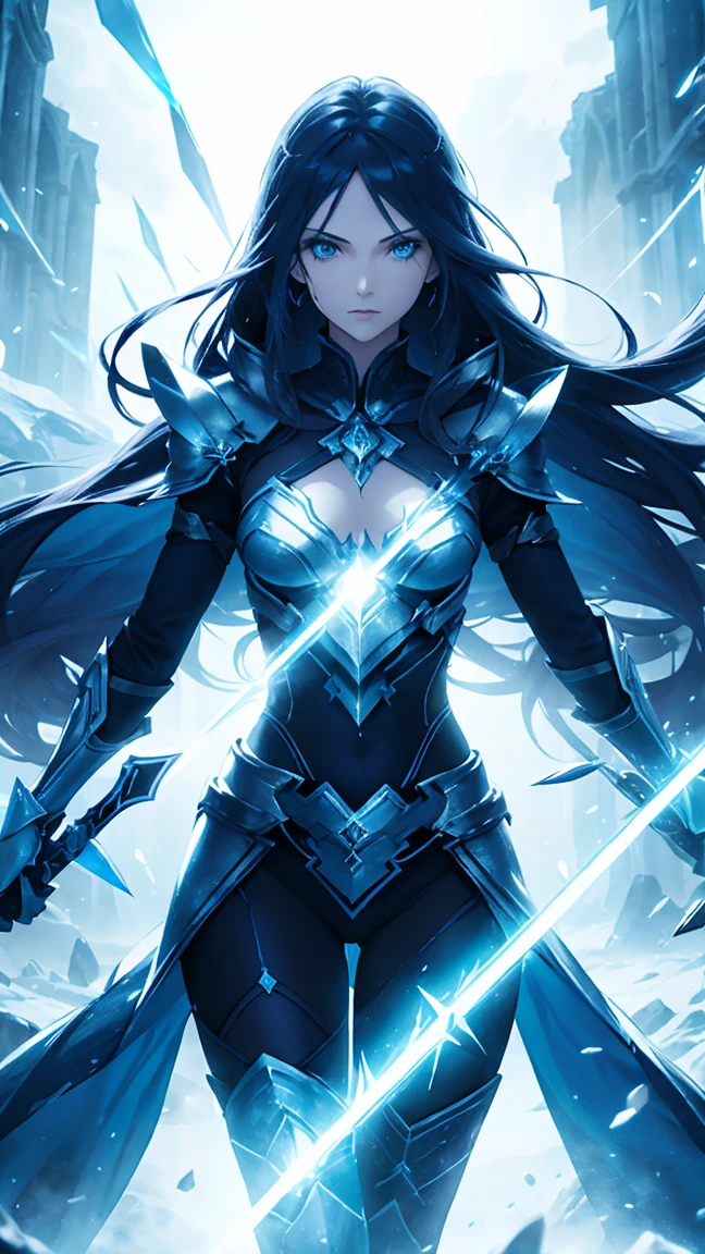 Two twin women while holding blue swords, ice swords, blue, blue aura, two women, twins, twin ice swords.HD lighting and dark )<=(epic image quality)dark atmosphere with bright particle light(many effects in background)