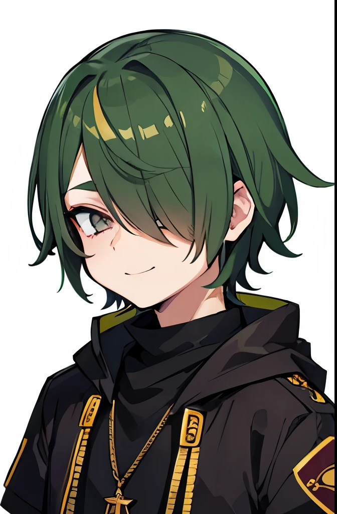 juvenile male Dark green hair Mechacle Hair covering the left eye Snake Accessories Hazel Eye (hair over one eye) Long sideburns smile