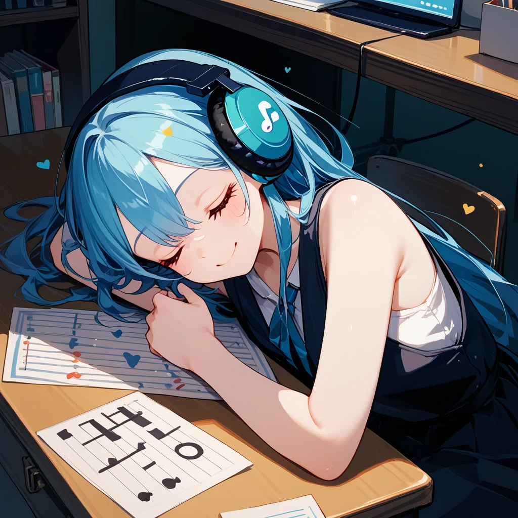 score_9, score_8_up,score_7_up,flat color,(best quality, masterpiece, ultra high-resolution, ultra-detailed: 1.2), 
A girl sleeping face down on a desk,Close-up ,smiling,(closed eyes),big headphones,
(too many musical-note-symbol are popping out from the headphones),
white background,shiny skin,pale skin,