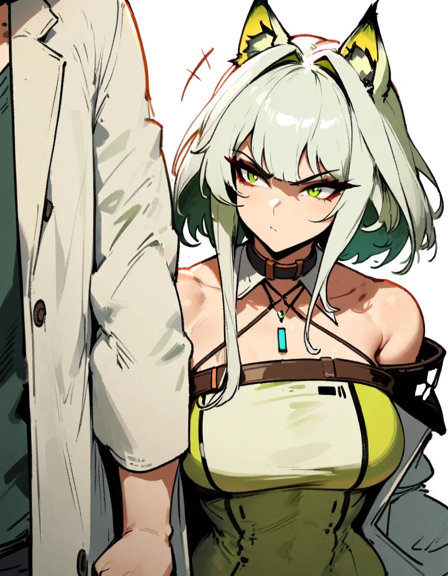 1girl, kal'tsit \(arknights\), arknights \\\\\ masterpiece, best quality, very aesthetic, absurdres, newest \\\\\\ slim body,///// ,by nyantcha,cutesexyrobutts , by khyle,,////// ,,,, , ,,detailed face, , ,, , , , , beautiful face, (white background:1.2), , sexy, , serious.angry, green eyes, animal ears, , ,,,big tits,),  in the center of the frame,,, ,wears a lab coat, ,full body ,  solo, 