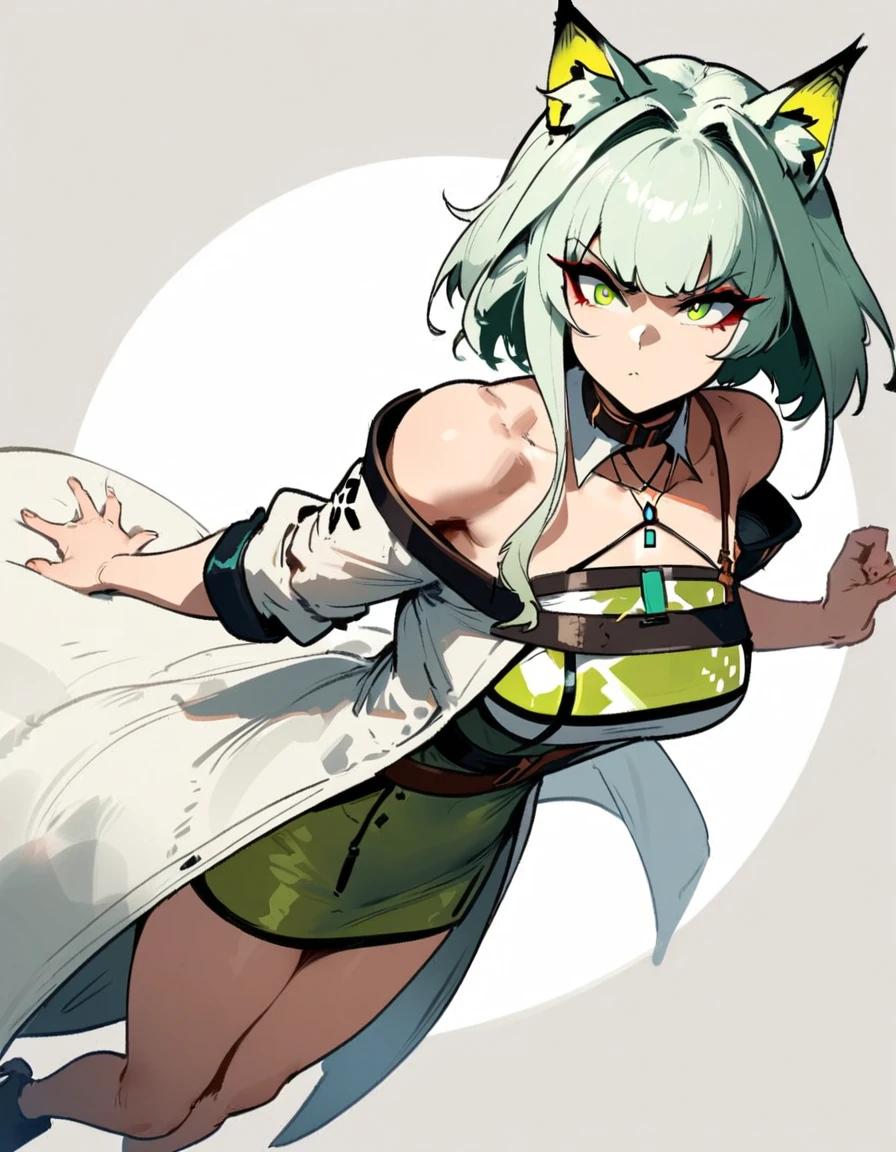 1girl, kal'tsit \(arknights\), arknights \\\\\ masterpiece, best quality, very aesthetic, absurdres, newest \\\\\\ slim body,///// ,by nyantcha,cutesexyrobutts , by khyle,,////// ,,,, , ,,detailed face, , ,, , , , , beautiful face, (white background:1.2), , sexy, , serious.angry, green eyes, animal ears, , ,,,big tits,), in the center of the frame,,, ,wears a lab coat, ,full body , solo,
