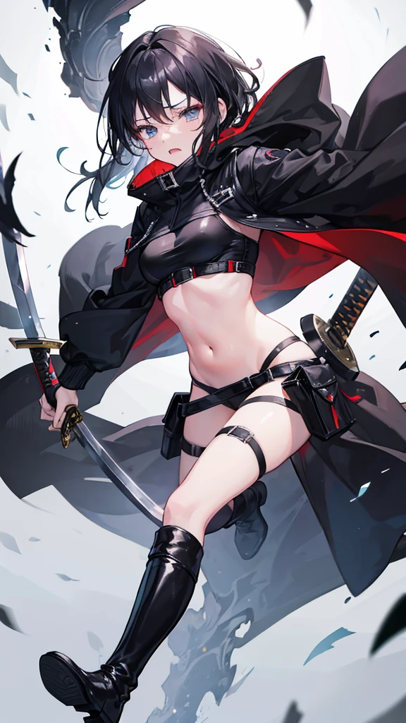 Girl, Navel exposed, Wearing black socks and boots, Holding a sword, Being attacked by enemies, He closes his eyes in pain and cries, Wearing a jacket