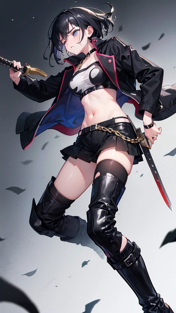 Girl, Navel exposed, Wearing black socks and boots, Holding a sword, Being attacked by enemies, He closes his eyes in pain and cries, Wearing a jacket
